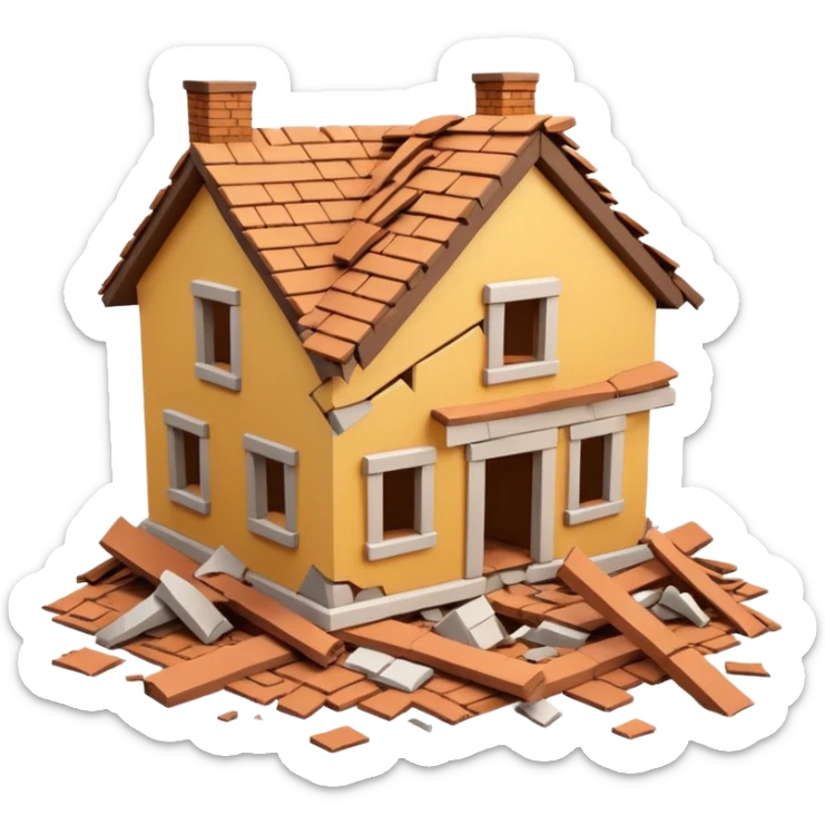 3D iPhone style emoji of a collapsed house, broken walls and roof pieces scattered, debris and ruins visible, isolated on white background, soft shadows, high detail, playful and cute. sticker
