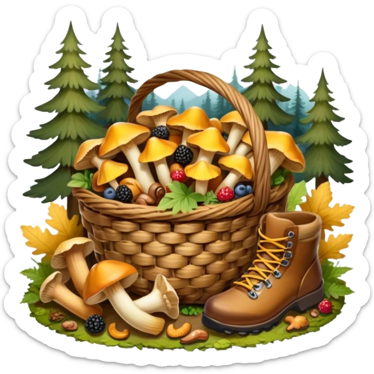 Icon for Mushroom and Berry Tourism: a basket filled with mushrooms chanterelles, boletus and aspen and berries, surrounded by forest elements like trees, leaves and a hiking boots. The icon should capture the joy of foraging in nature. Transparent background. sticker
