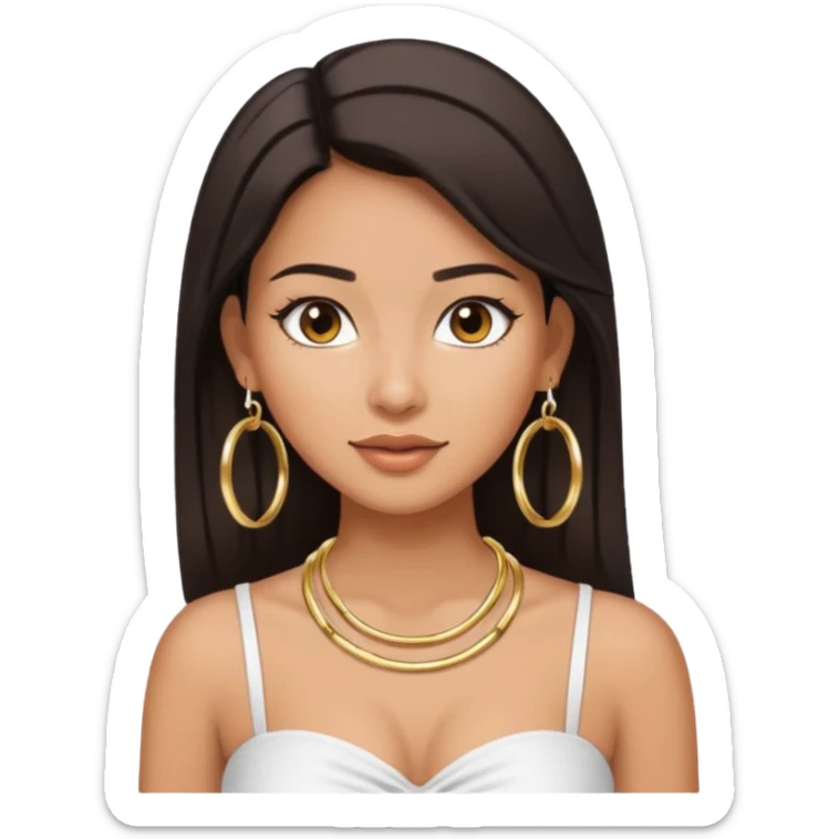 latina makeup olsun, saçları düz, halka küpeler büyük gümüş renginde olsun, kolye taksın ve beyaz bir Bandeau top kıyafet giyisin sticker