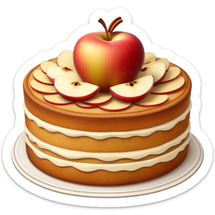 cinematic-realistic-apfelkuchen-cake-emoji,-depicted-as-a-classic-cake-with-cinnamon-and-thinly sliced apples on the top a few neatly spread out-rendered-with-soft-textures-and-warm,-inviting-lighting. sticker