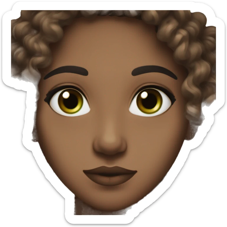 curly hair dark brown, brown eyes with a hint of green, eyes negative canthal tilt ,medium thick shaped eyebrows in dark brown, and thin lips sticker