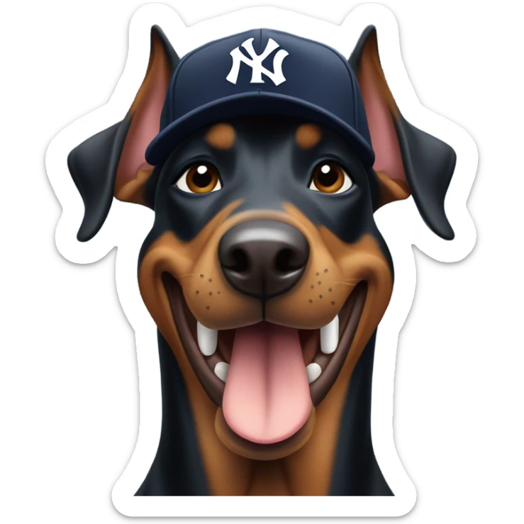 A furry doberman wearing a Yankees cap, winking and sticking out its tongue sticker