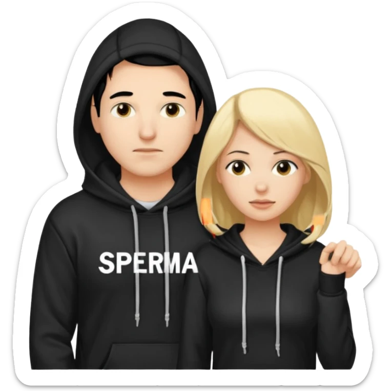 chce by to byla taka emotka 🙍‍♂️
chlopaka z czarnymi losami i czarna bluza z biaty.m
napisem "sperma" na srdoku i zeby za nim stala taka ladna blondynka z wlosami do klatki piersiowej ciagnaca za sznurek od
kaptura od bluzy tej pierwszej osobyl sticker