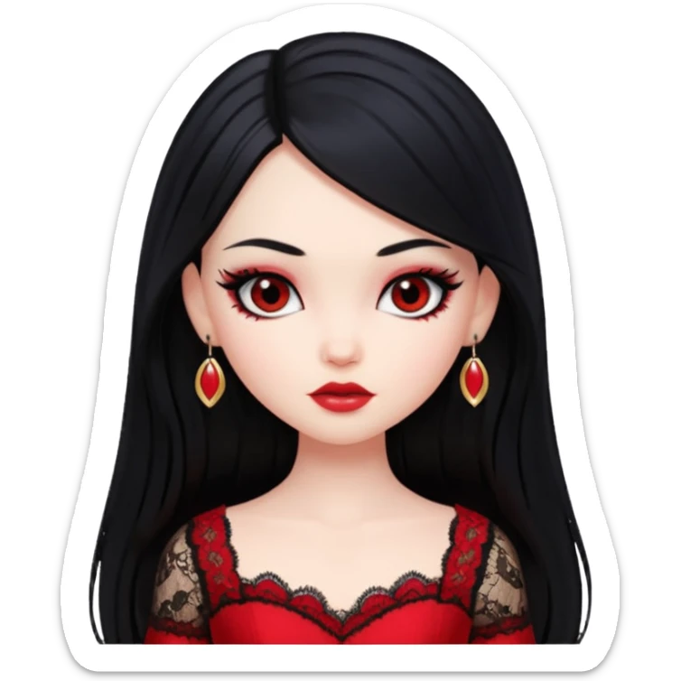 black hair, pretty, BLACK long black hair, pale skin, eyeliner, red lace clothes, bratz baddie sticker