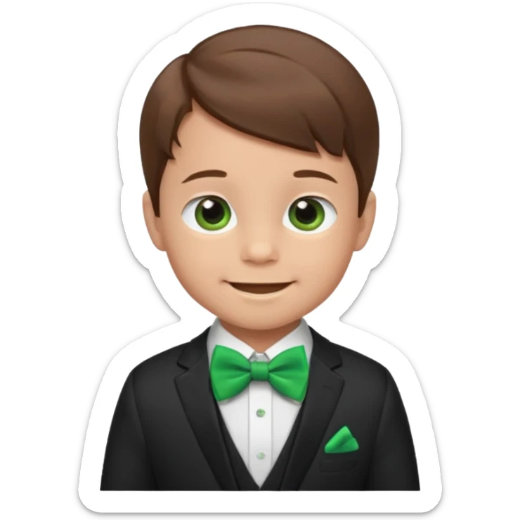 baby boy, brown hair in suit, with green bow, smile sticker