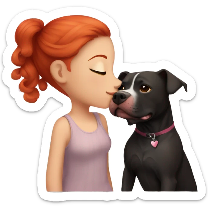 Girl with red hair kissing big black pitbull dog, pink hearts sticker