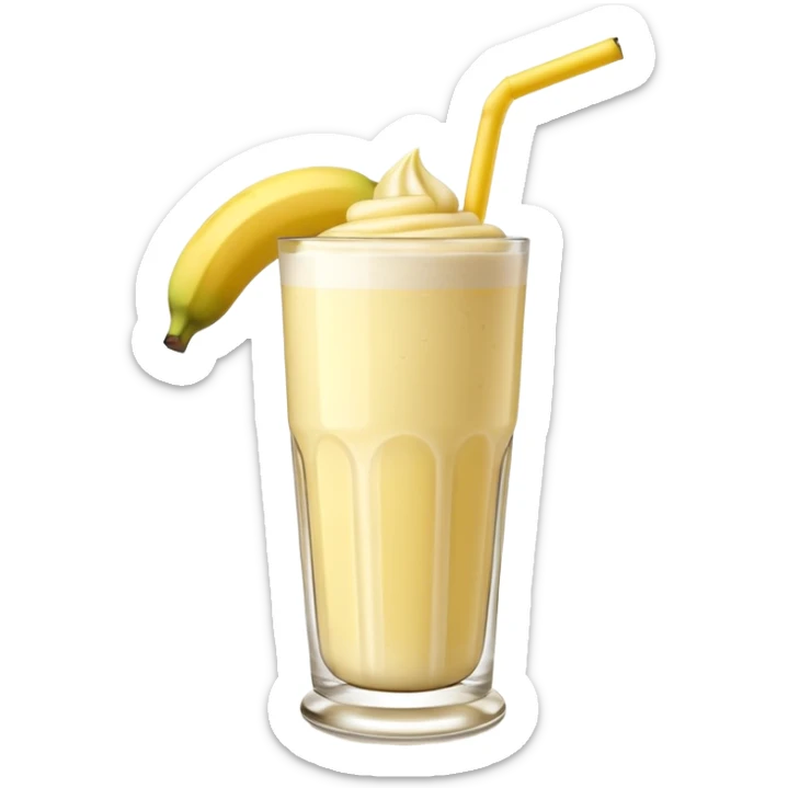 A 3D cartoon glass of banana shake, light yellow creamy texture, straw and banana slice garnish, glossy reflection, natural daylight, Memoji-style. sticker