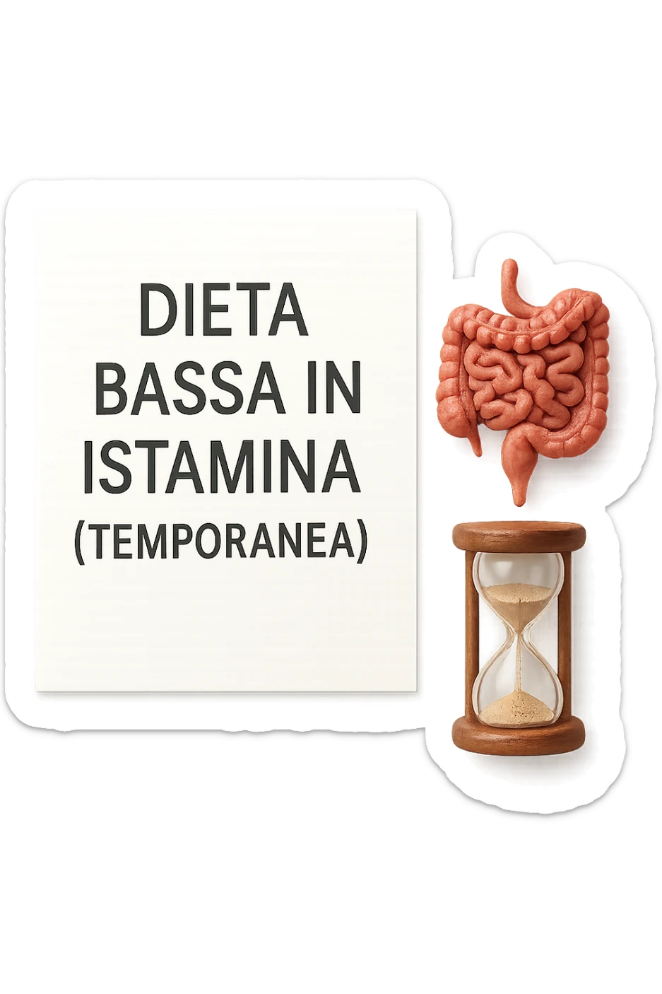 foglio di carta di una dieta con la scritta "DIETA BASSA IN ISTAMINA (TEMPORANEA), E ACCANTO CI METTI UN INTESTINO IN MINIATURA E UNA CLESSIDRA, iperrealistico 4k sticker