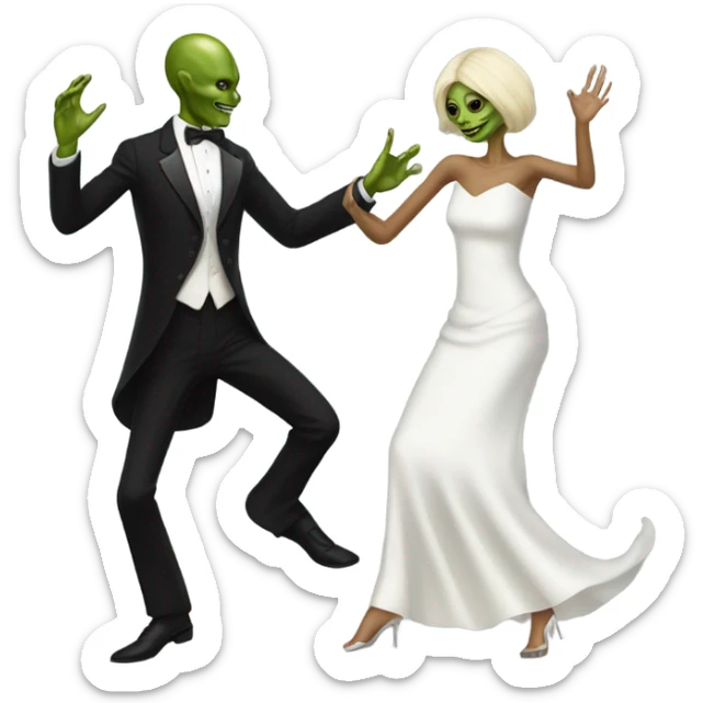  a Reptilian alien woman, in white dress, dance with a human man in frack sticker