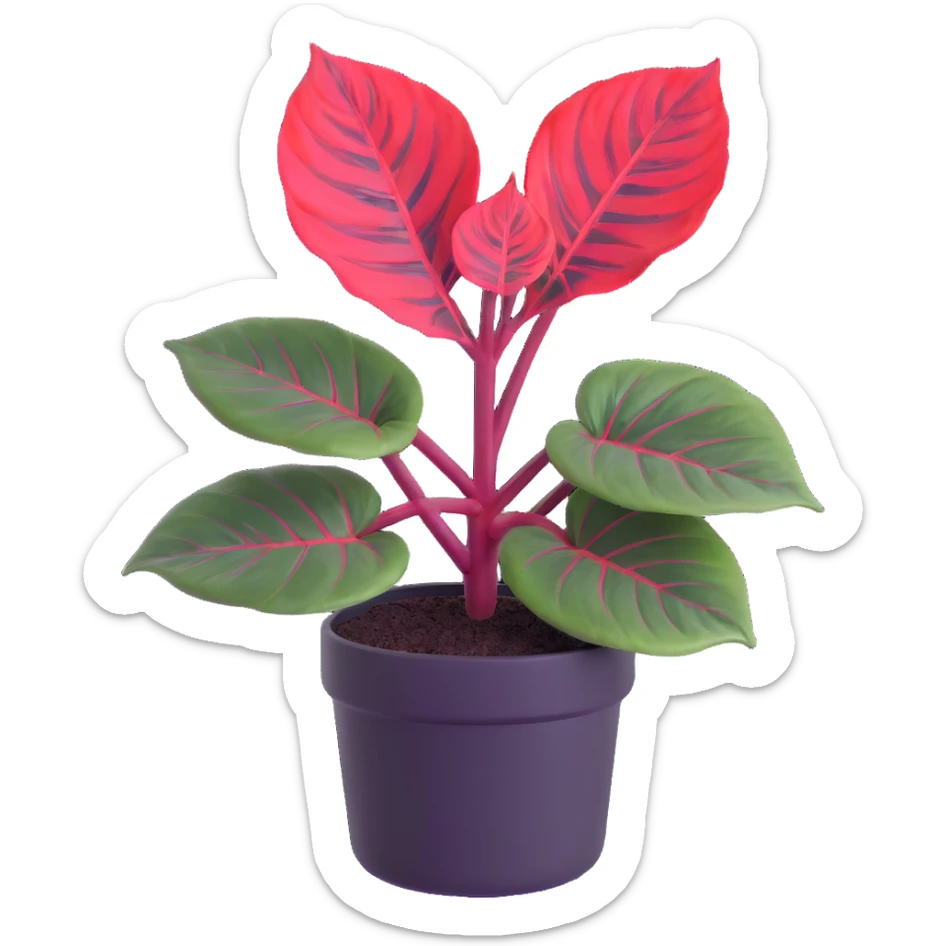 Alocasia azlanii (Red Mambo) plant with heart-shaped leaves in purple and dark green with red veins, in black ceramic pot sticker