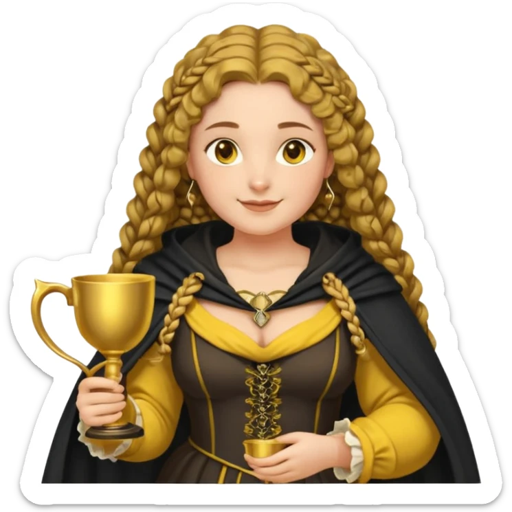 Helga Hufflepuff, 2 curly thick brown braids, yellow-black medieval dress, black cloak decorated with gold braiding, tiny two-handled shiny yellow-gold cup, very kind smile, curvy busty sweet woman, thick rosy cheeks sticker