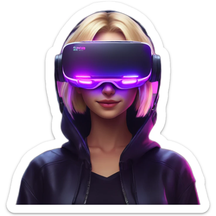 Russian blondy girl celebrating her birthday wearing a black hoodie and VR headset in a cyberpunk VR environment with violet neon lighting sticker