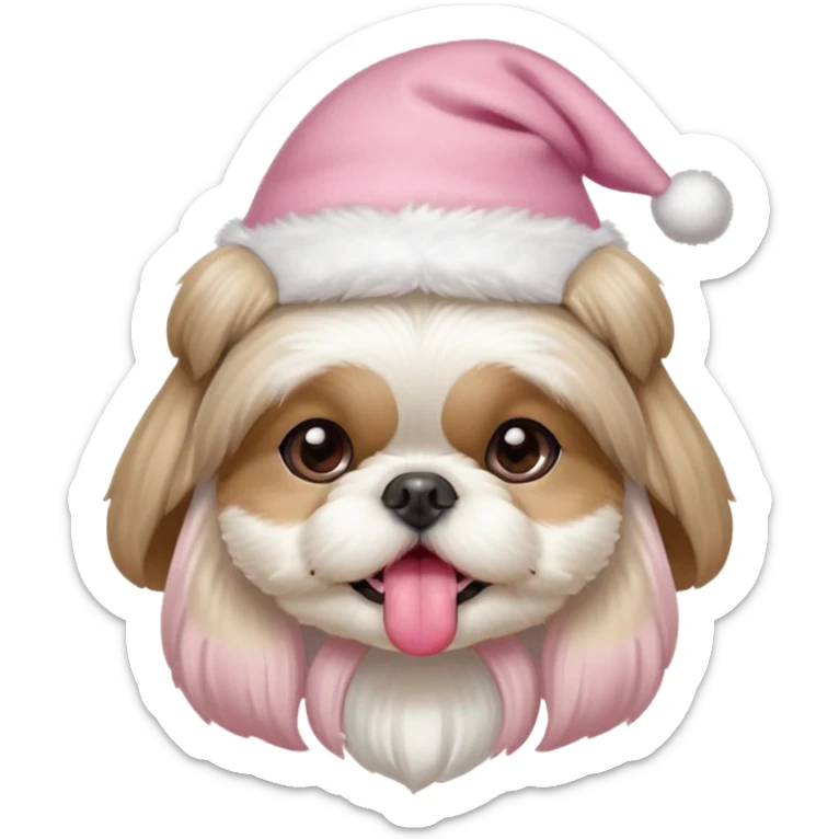 one white all over little shih tzu dog with tongue hanging out sitting with light pink christmas hat sticker