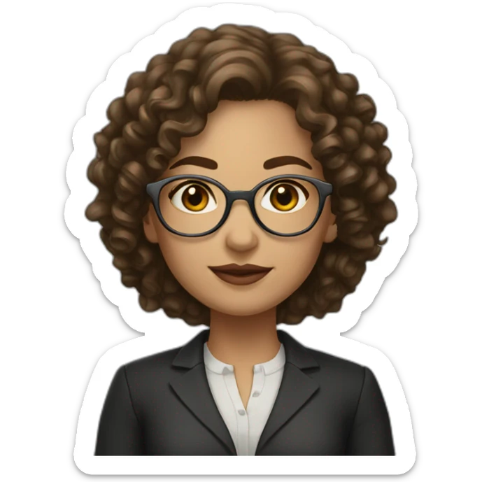 Light-skinned lawyer woman, round metal-framed glasses, shoulder-length brown curly hair sticker