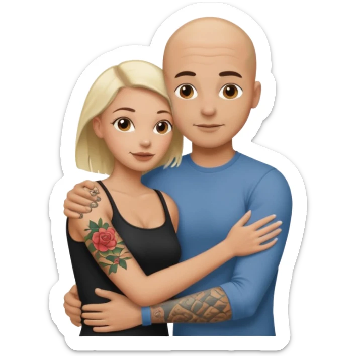 throuple tattooed sleeves bbald male with topless naked big boobed brunette and topless naked big boobed blonde girlfriends  loving  and sexy polygamy sticker