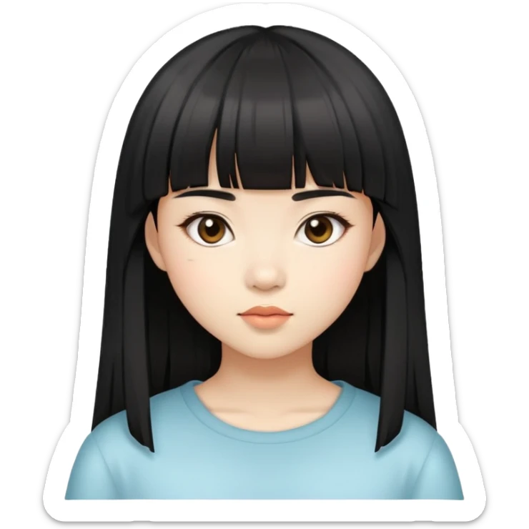A girl with asian bangs and straight and slightly long hair, look like an asian  sticker