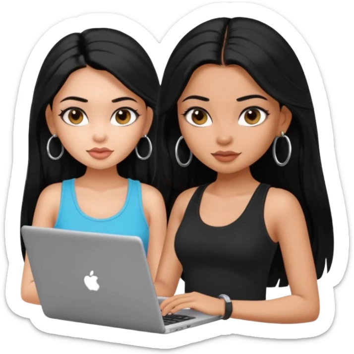 a pretty bratz dusky girl with long black hair, kajal under eyes, small silver hoop. black tank top on. laptop in hand sticker
