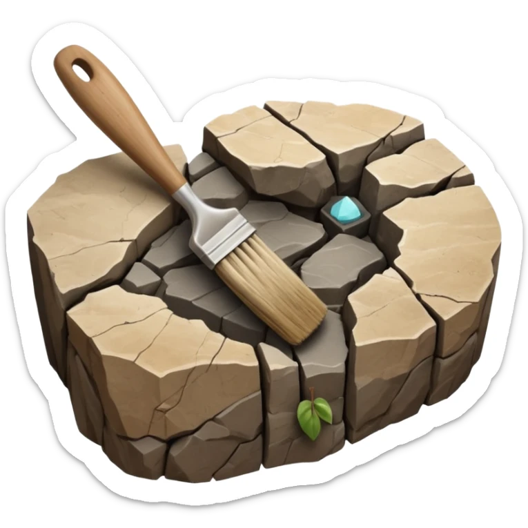 3D render of Archeology Brush, embedded in a chunk of rough sedimentary rock, cracked stone texture, ancient fossil aesthetic,pale wooden handle with dusty beige bristles, matte dry finish, Apple emoji style, isolated on white background --v 6.0. sticker