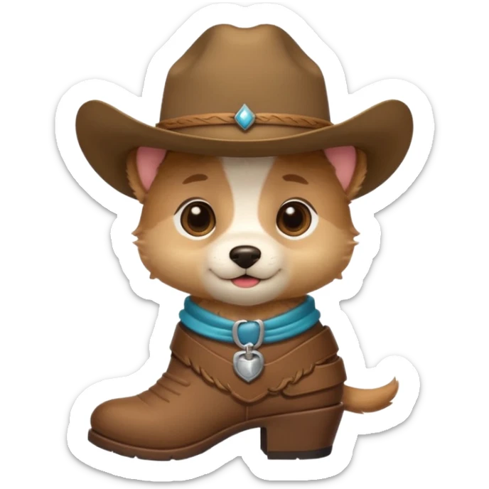 a very cute and adorable anthropomorphic puppy with a cowboy hat and brown boots  sticker