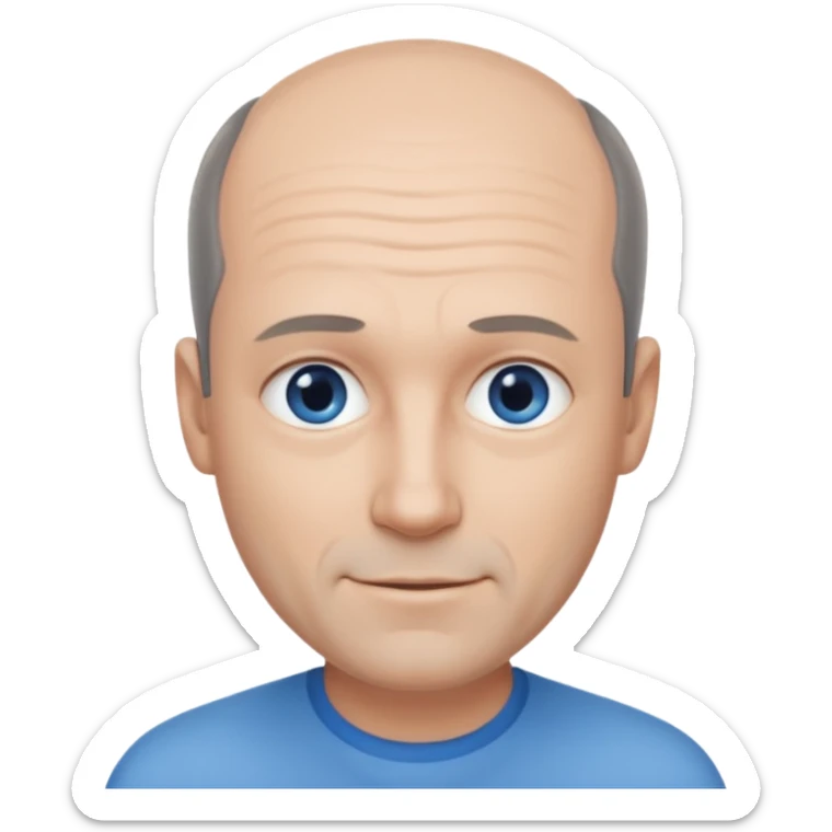 Middle aged man with black-greyish receding hairline, some hair on top, small blue eyes, clear face, shy smile sticker