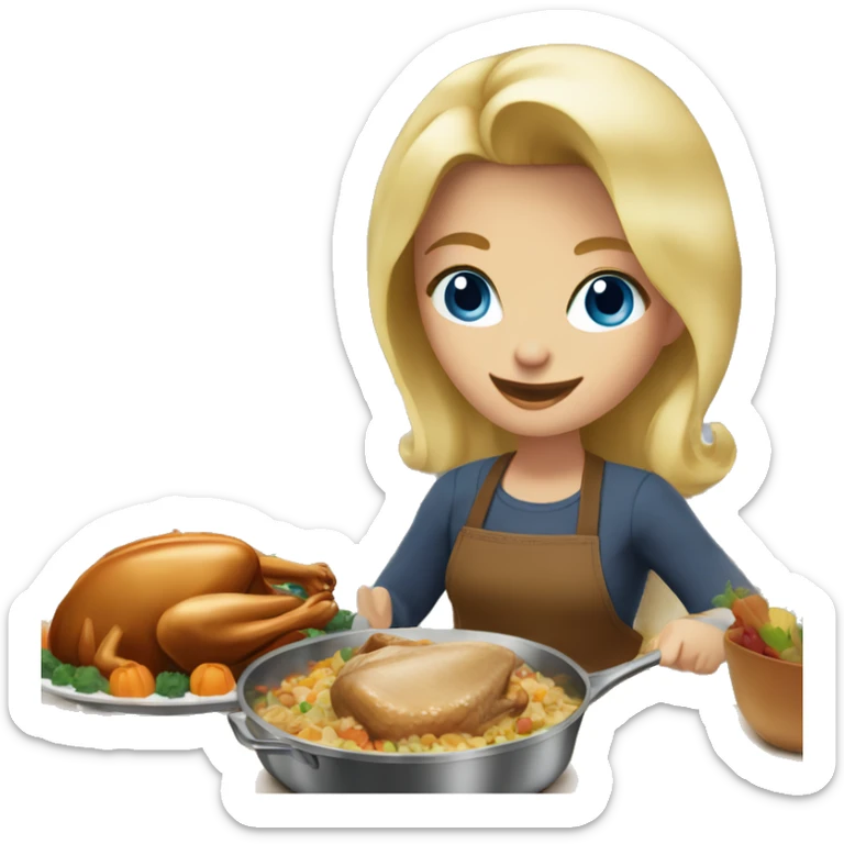 blonde hair blue eyed girl cooking thanksgiving dinner. you can see her whole body and the kitchen  sticker
