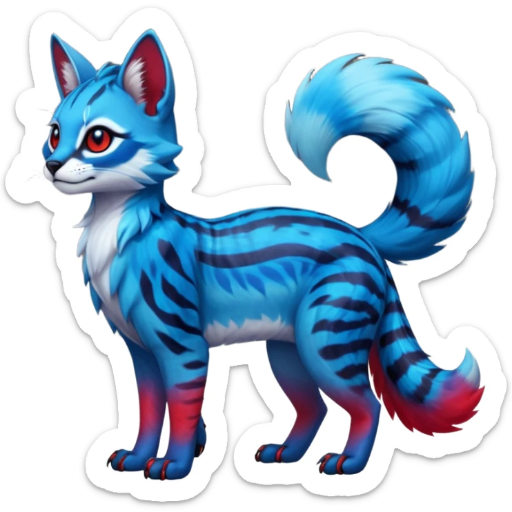 Cute kawaii cool edgy badass  vibrant cyan-cobalt-blue-to-crimson-red gradient-colored iridescent glossy fur  fantasy-caracal-civet-genet-sergal-vernid-Gryphon-Cacomistle-Trico-oncilla-animal-Fakémon-hybrid-fursona (full body), facial markings, (realism style) sticker