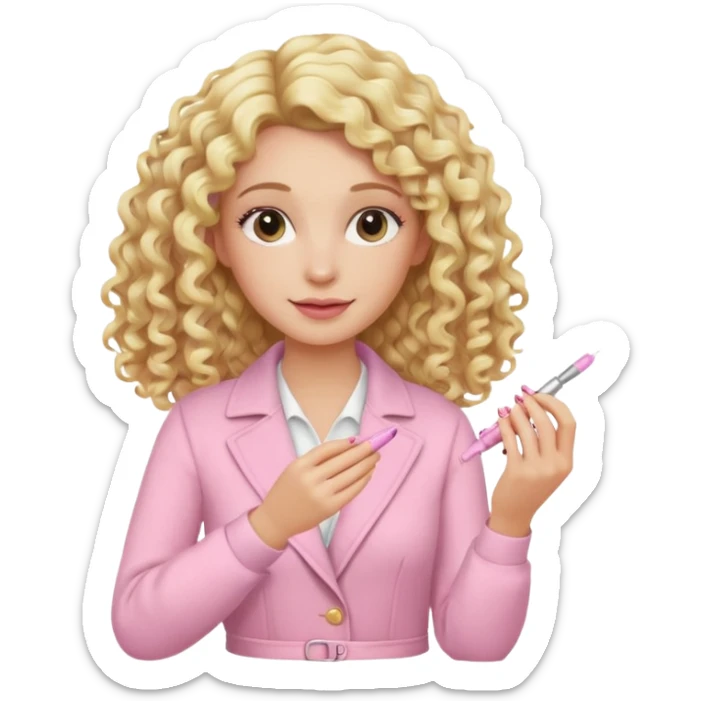 Blonde curly long hair woman with soft pink clothes doing manicure sticker