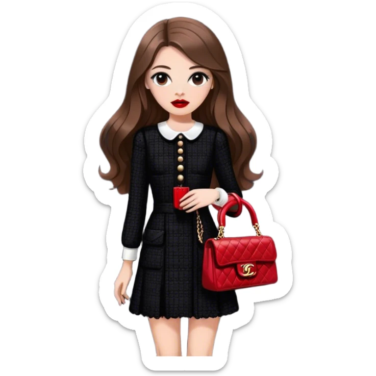 White girl with brown long hair dressed up in black chanel tweed dress with a red chanel bag and red lipstick. Close up shot with wind blowing her hair looking fancy sticker