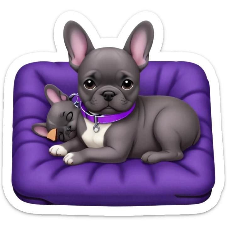 Still life, Dark Gray French bulldog puppy with white belly, sleeping on a dark purple flat blanket, with a purple dog collar around neck sticker