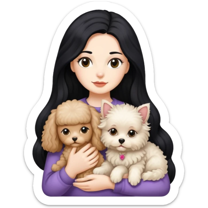 One Lady with long black hair, holding 2 animals -a Ragdoll cat and a small poodle dog sticker