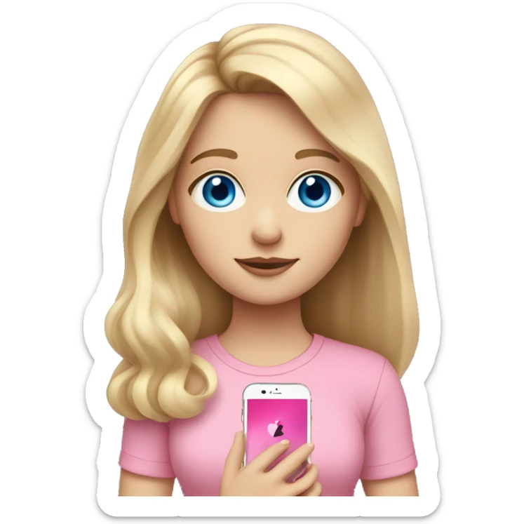 a blue eyed white dark blond hair girl wearing a pink shirt holding a pink iphone  sticker