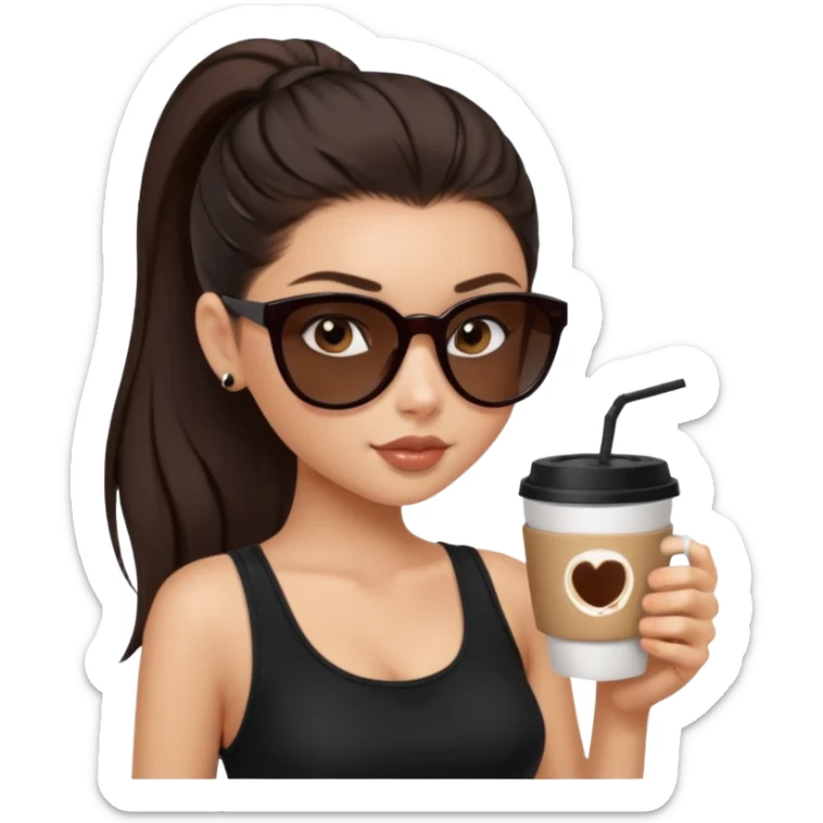 generate a pretty fair bratz girl with dark brown eyes, dark brown eyes tied into a slick back ponytail, thin brown sunglasses. Wearing a black cami top and drinking coffee sticker