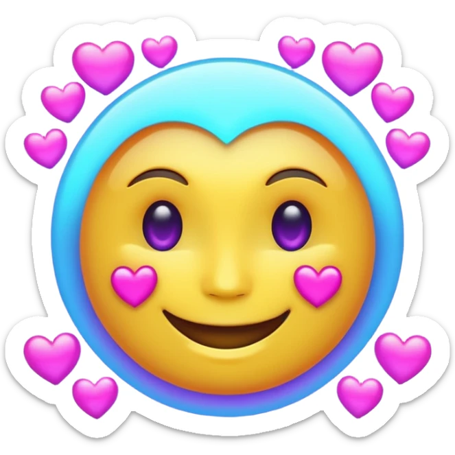 Futuristic glowing smiling face emoji with neon hearts instead of eyes, purple and blue holographic light, dark background sticker