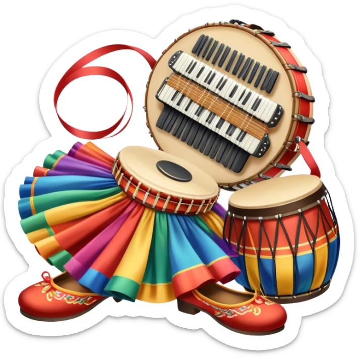 Icon for Folk Dance: close-up traditional dance shoes, colorful folk costumes, and a dance circle with ribbons and musical instruments like a tambourine or accordion. The icon should represent the vibrant and cultural aspects of folk dancing. Transparent background. sticker