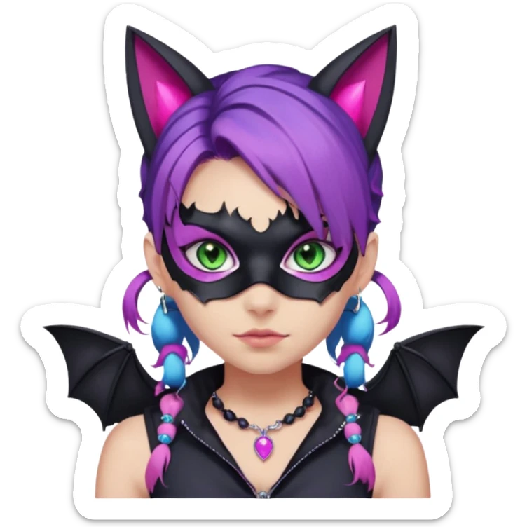 Girl with green eyes, wearing a bat mask with pink stones around her eyes, her hair tied in a ponytail, the hair is purple with blue and pink streaks, with black cat ears with pink stones around, wearing a black shirt that covers the neck, and a sleeveless blue jacket, and a necklace of pink stones sticker