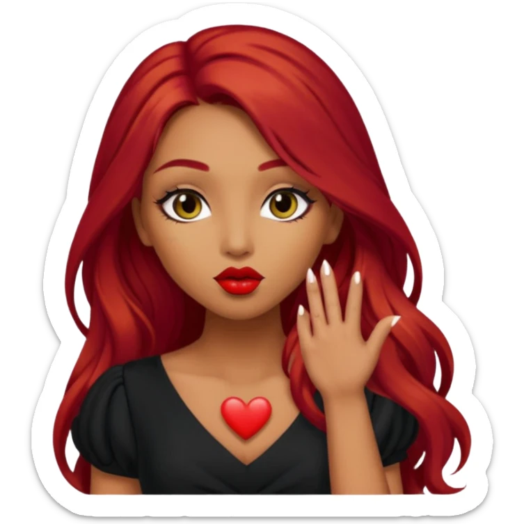  woman with long red hair and dark make up and olive skin sending a kiss in black dress sticker