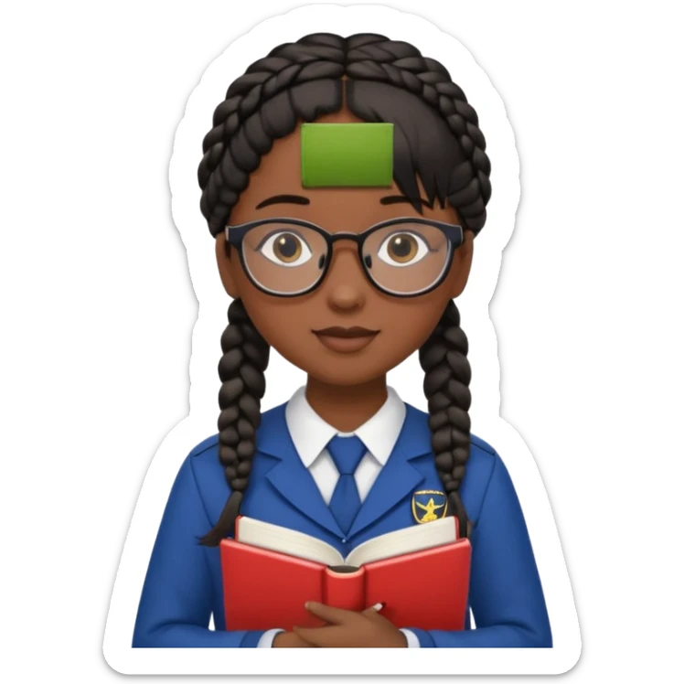 Girl student wearing uniform, glasses, hold book in front of their chest, black braided hair, dark skin sticker