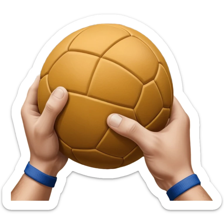 A close-up of a hand gripping a handball, with the handball gates visible in the background. The focus is on the texture of the ball and the strength of the grip, with the goal net slightly blurred to emphasize the anticipation of the throw. sticker