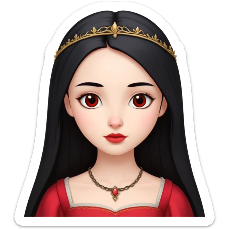 Beautiful girl 
Long, straight hair  
Pure black eyes  
Full, rosy bud-like lips  
A small, beautiful nose  
Eyebrows that are not short or thin, but not too thick or long either  
Fair skin  
Wearing a beautiful red medieval dress  
Skinny body type sticker