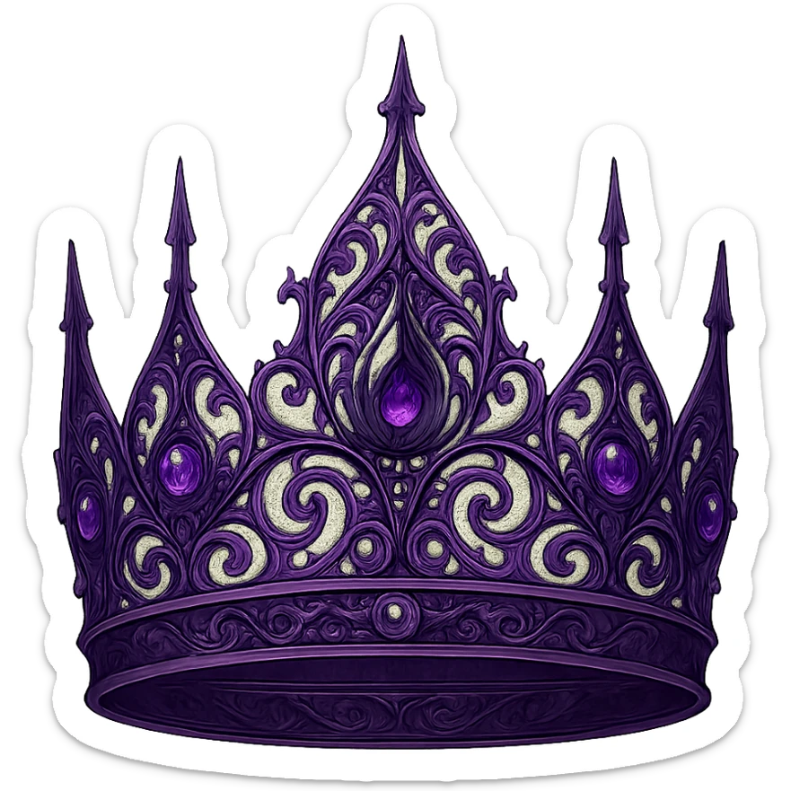 Change the gothic black crown to have intricate filigree in purple metal, purple diamonds, and a dramatic silhouette. Keep the background transparent. The style should maintain the gothic and elegant look of the original image. sticker
