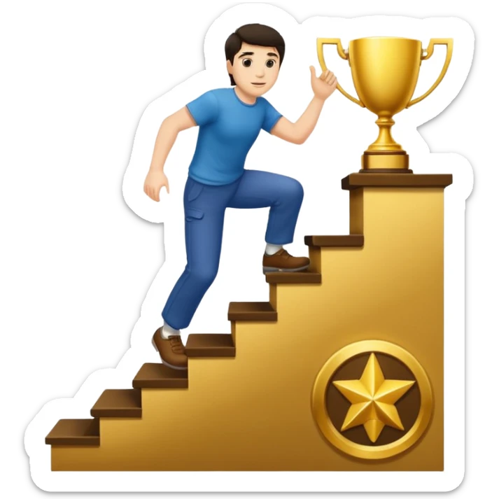 UN HOMBRE DE PIEL CLARA Y PELO OSCURO SUBIENDO ESCALERAS PARA ALCANZAR UN TROFEO sticker