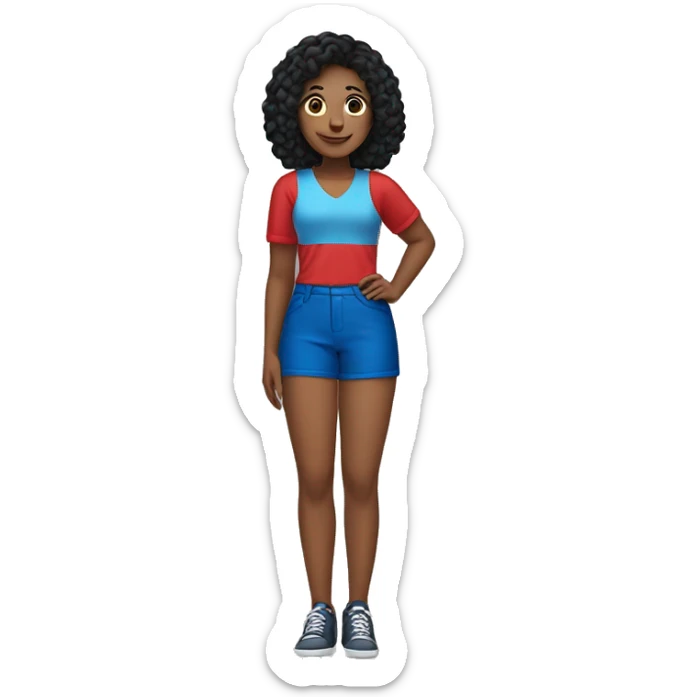 Create an emoji of a woman with black hair, wearing blue shorts and a red top and posing. sticker