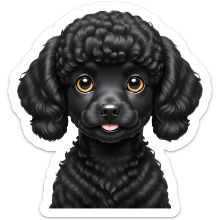 Cinematic Cute Black Poodle Portrait Emoji, Head tilted playfully and inquisitively, showcasing a bouncy, curly jet-black Fur with a striking sheen, round, sparkling dark eyes filled with curiosity, Simplified yet irresistibly adorable features, highly detailed, glowing with a warm, friendly glow, high shine, affectionate and lively, stylized with a touch of whimsy, bright and endearing, soft glowing outline, capturing the essence of a mischievous yet loving companion, so playful it feels like it could bounce out of the screen and into your arms! sticker