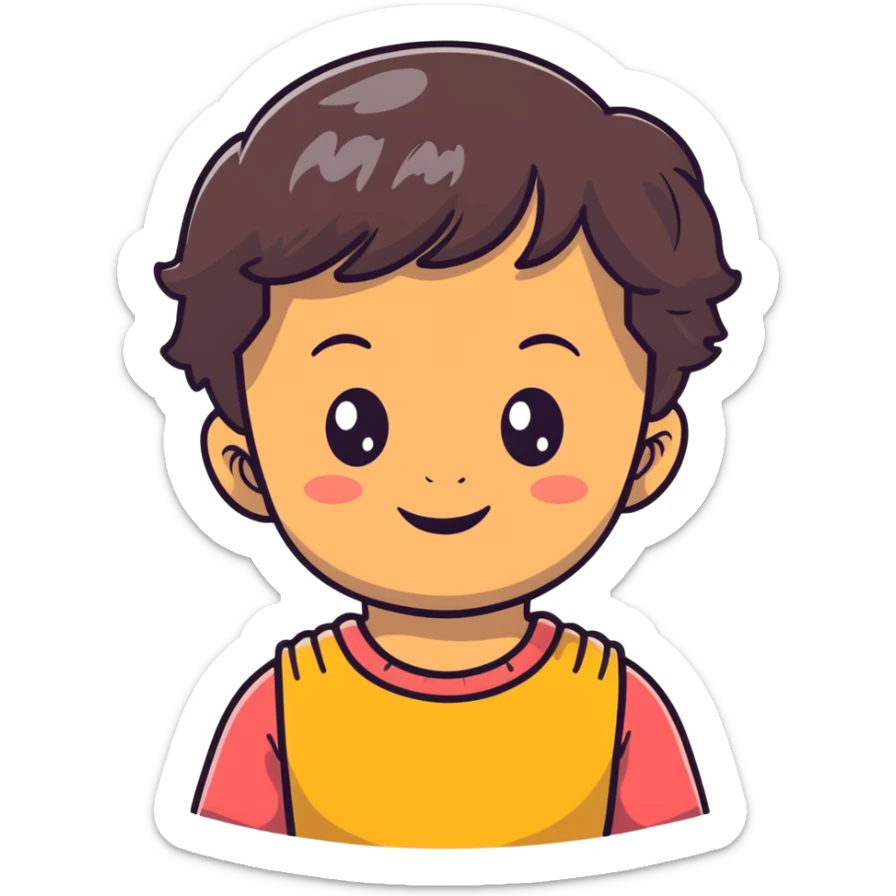 close-up of round smiling toddler face only with big eyes, medium skin tone, dark wavy hair, no neck visible, just the face sticker