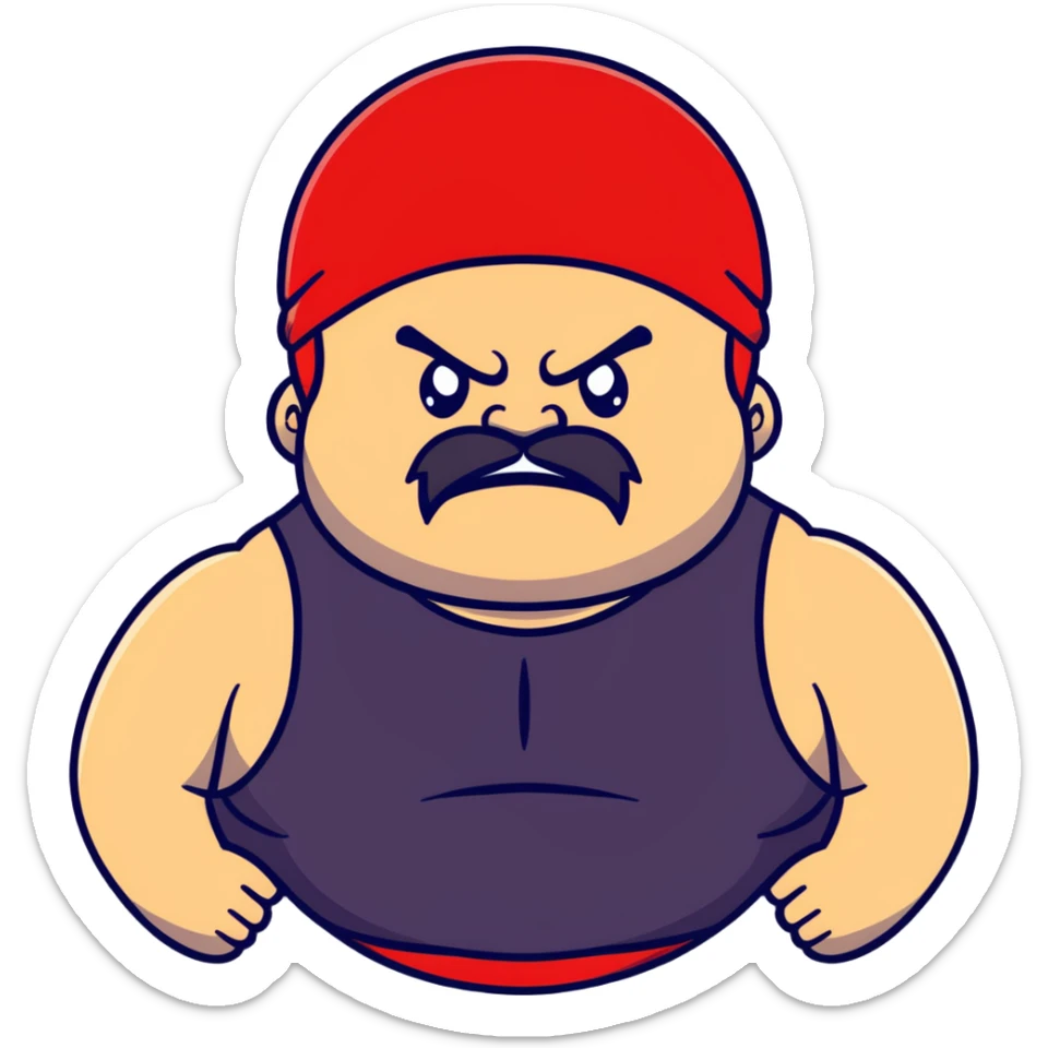 Close-up of very fat white skin guy with young face, beard and mustache, no muscle with prominent black durag, black eyes in a red and black wrestling singlet with angry face sticker