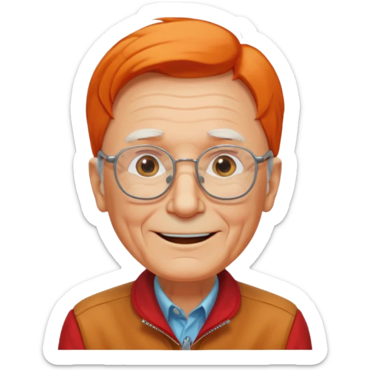 old man, orange straight hair, no mustache, wearing glasses, long face, wearing a red jacket sticker