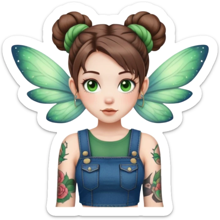 Fairy with: brown hair in bob half up in space buns, pale skin, tattoos, green eyes, a denim skirt sticker