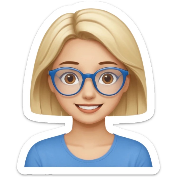 Asthectic pretty Blonde women brown eyes, blue glasses, waring a brown top smiling with hearts around her. sticker