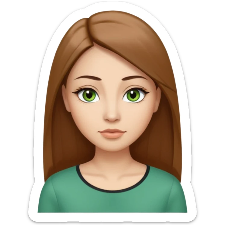 Adult woman avatar, light skin tone, oval face, long straight brown hair, green almond-shaped eyes with dramatic eyelashes and minimal eyeliner, neutral mouth, medium straight eyebrows, small nose, smooth skin sticker