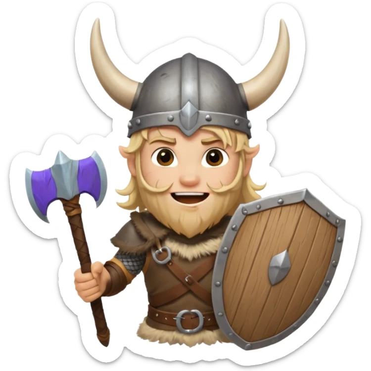 A young Viking warrior with messy blond hair, wooden shield, and fierce excited grin with horned helmet sticker